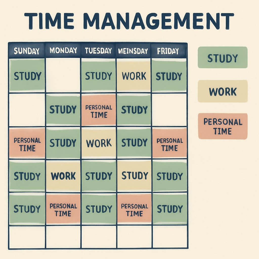 A calendar with marked study sessions, work hours, and personal time. The image highlights effective time management strategies. A calendar showcasing study, work, and personal time for master's degree planning.