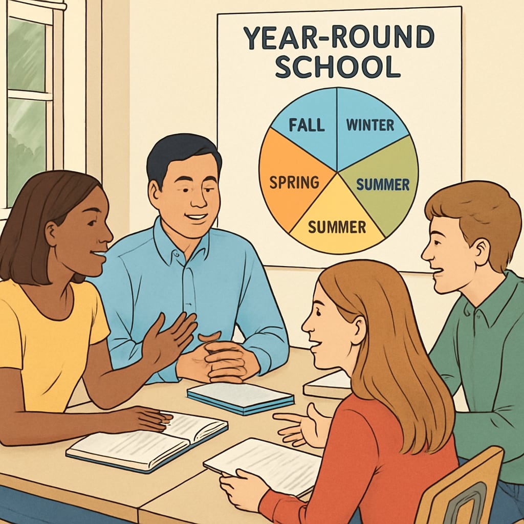 Students engaged in collaborative learning during a year-round school schedule.