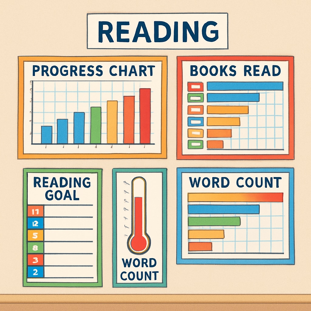 A classroom wall decorated with colorful charts tracking students' reading progress, emphasizing the importance of visual incentives. Classroom reading progress charts, highlighting visual motivation techniques.