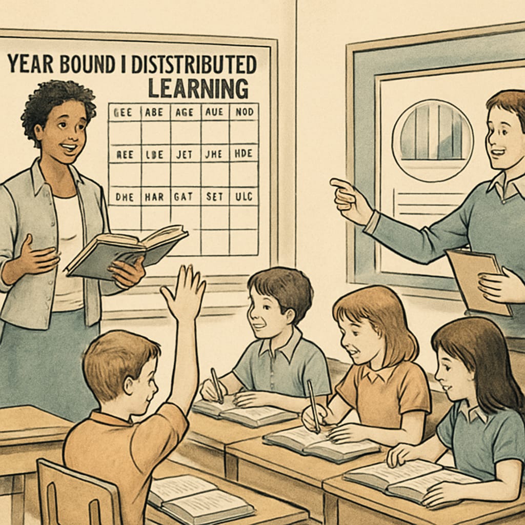 Teachers leading interactive lessons in a classroom utilizing a year-round learning system.