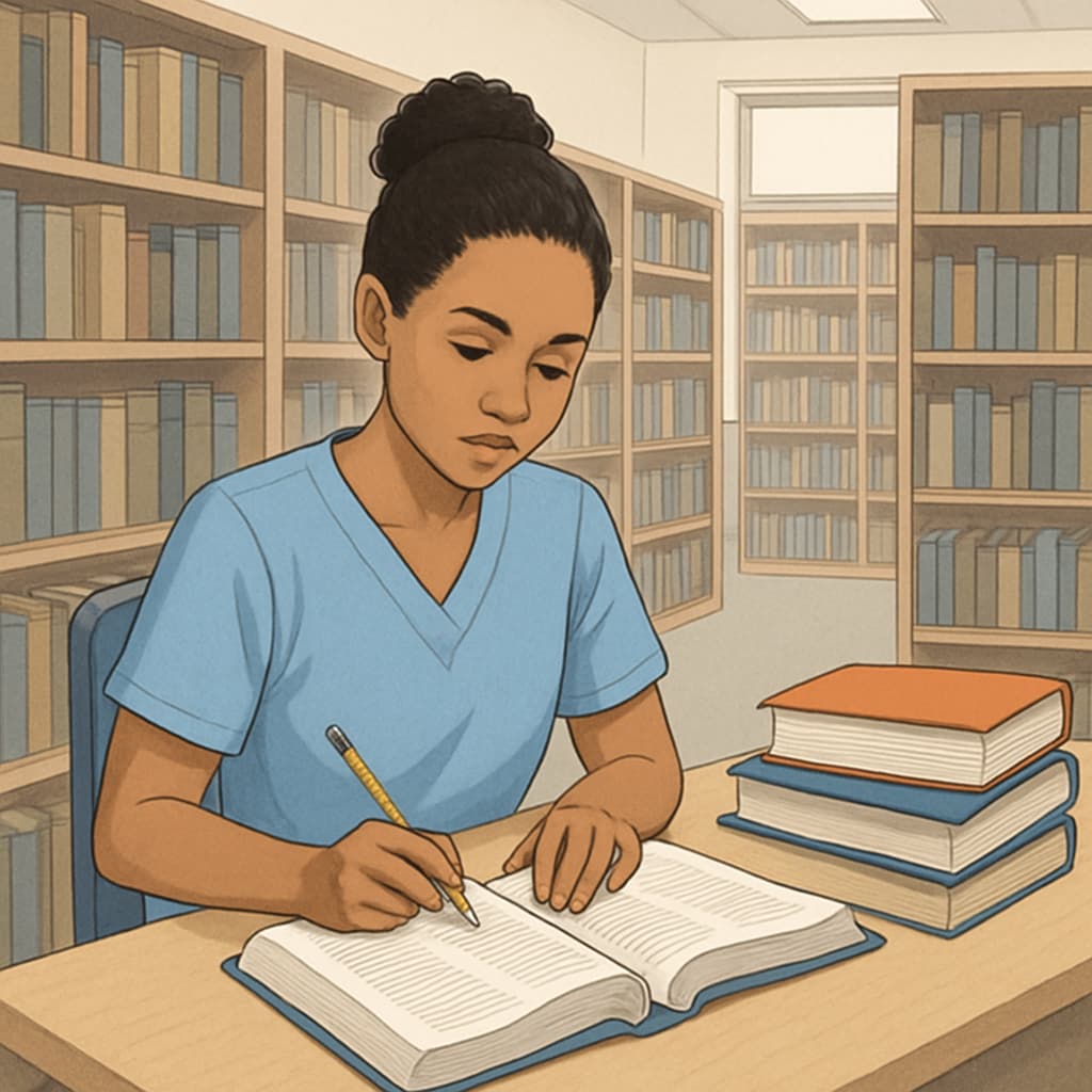 A nursing student studying textbooks in a college library, representing academic preparation for transfer. Nursing student studying in a library for transfer preparation.