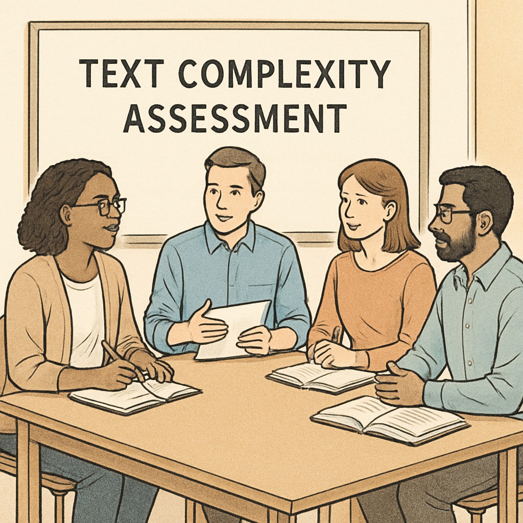 A group of teachers discussing text complexity assessment, seated in a collaborative classroom environment. Teachers evaluating text complexity for reading comprehension.