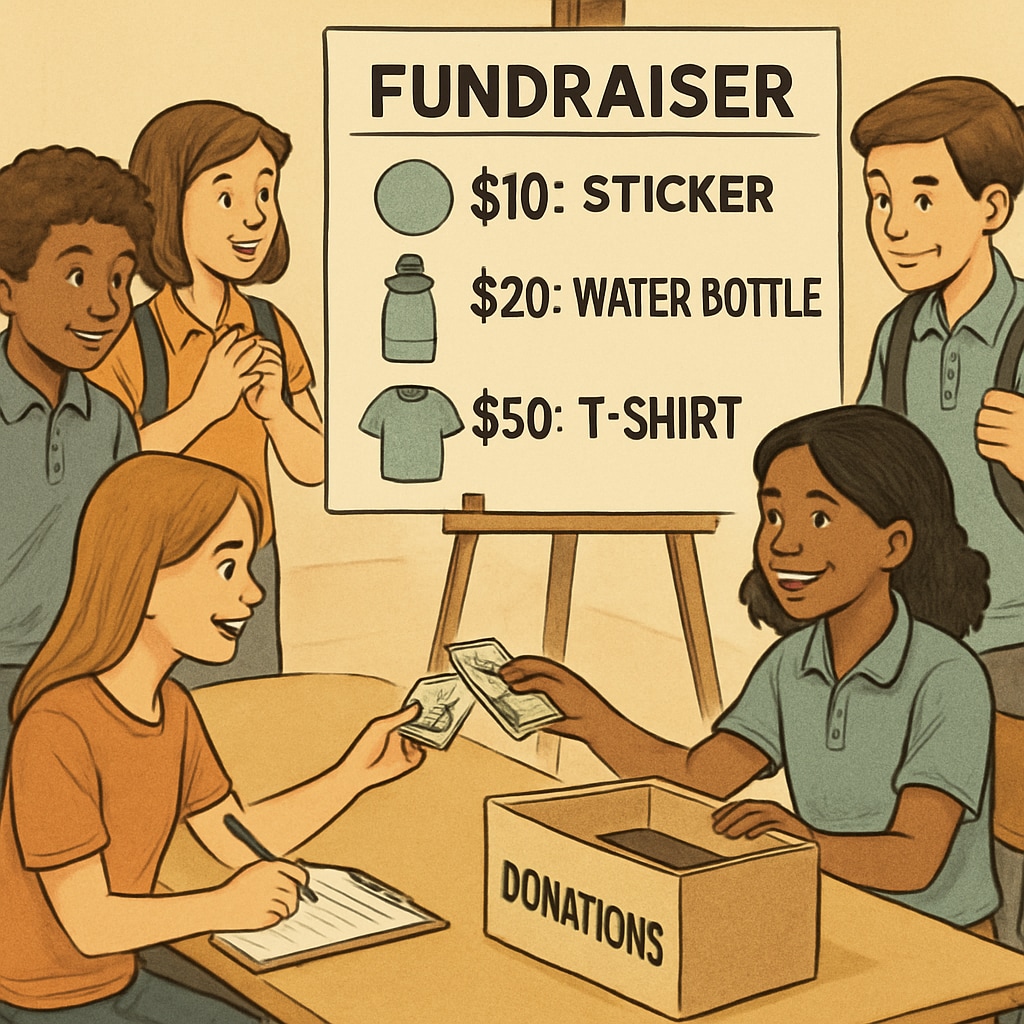 Students participating in a school fundraiser event, with a table displaying reward tiers based on donation amounts. Students at a school fundraiser event with visible reward tiers based on donations.