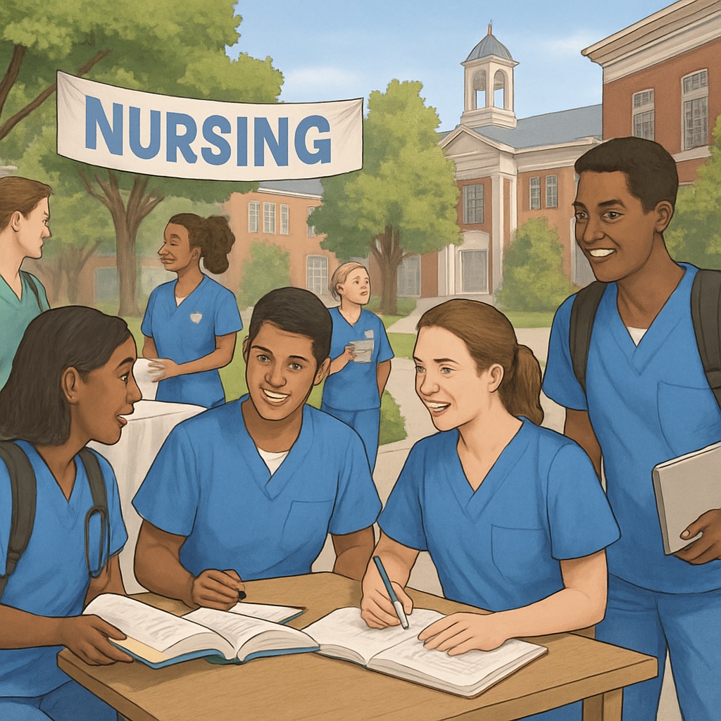 A diverse group of nursing students in scrubs participating in a campus event, symbolizing social engagement. Nursing students engaging in a campus social event.