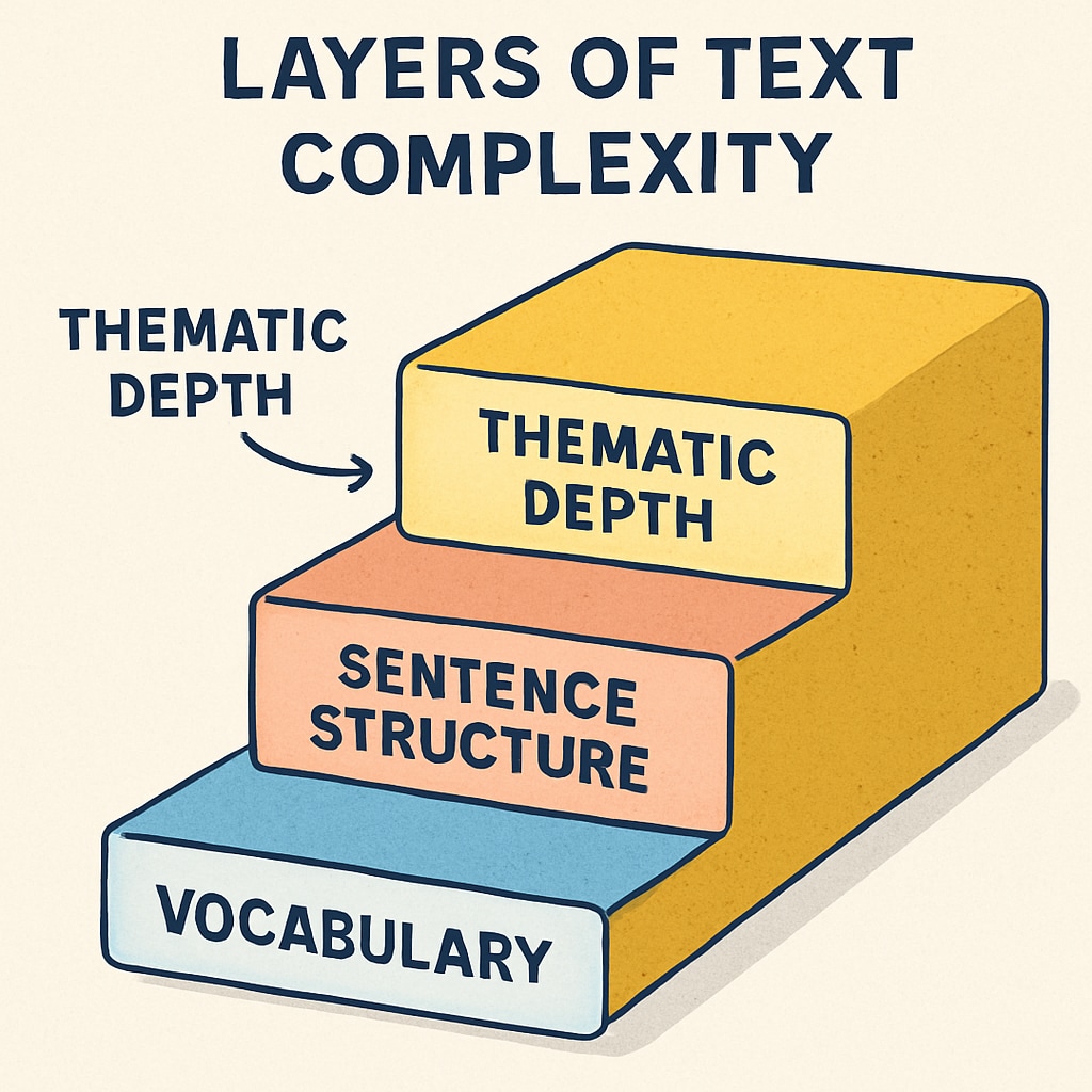 A graphic illustration highlighting layers of text complexity, including vocabulary, sentence structure, and thematic depth. Visual representation of text complexity factors.