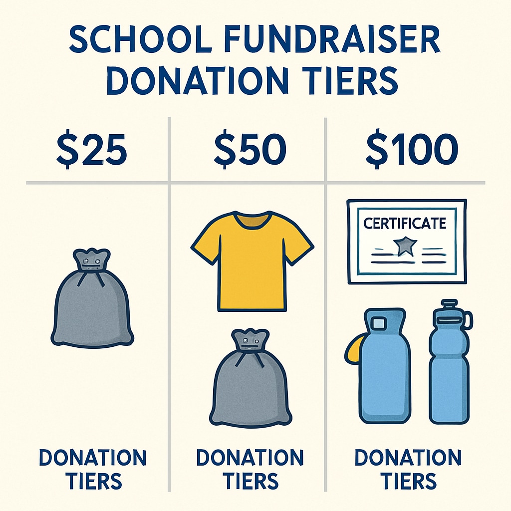 A graphic representation of donation tiers in a school fundraiser, illustrating disparities among rewards. Donation tier chart showing different levels of rewards in a school fundraiser.