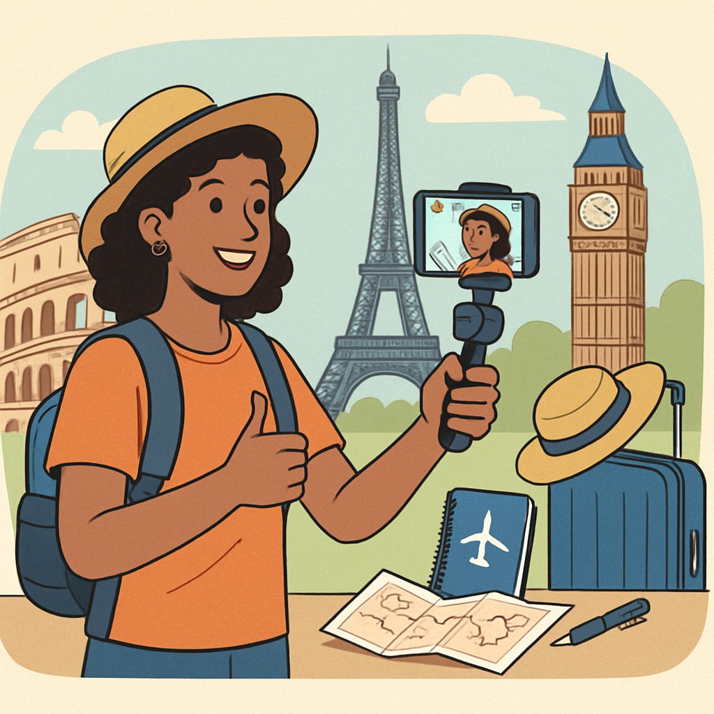 A vibrant travel influencer recording a short video at a famous tourist destination, illustrating the content creation process in tourism. Travel influencer creating short video content at a tourist destination.