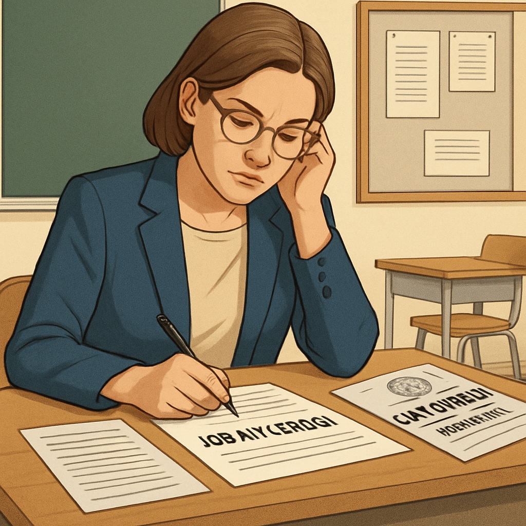 A teacher filling out a job application, symbolizing the political scrutiny in Oklahoma's teacher hiring process. Teacher job application political scrutiny