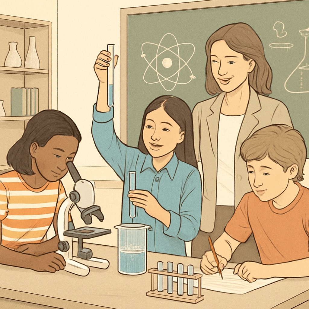 A group of middle school students participating in a hands-on science experiment, illustrating interactive learning methods. Middle school students engaged in an interactive science experiment, promoting academic interest.
