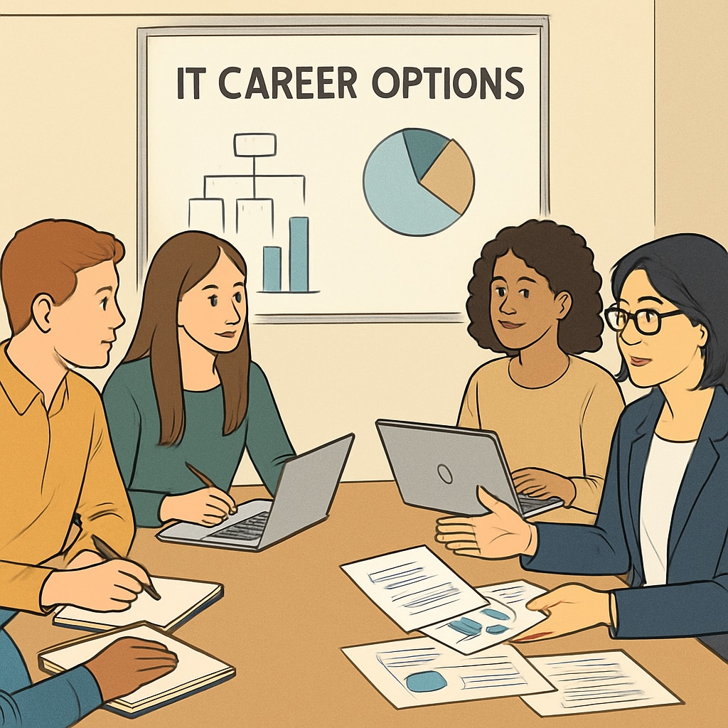 A group of college students discussing IT career options with a career counselor. Students discussing IT career planning and college major selection.