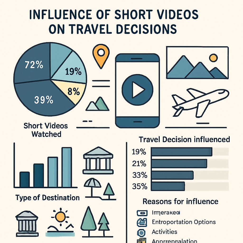 A detailed infographic showing the influence of short videos on travel decisions, derived from questionnaire data. Infographic on the impact of short videos on travel decisions.