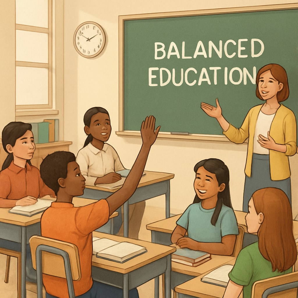 A classroom setting with diverse students and a teacher, emphasizing the importance of balanced education. Classroom with teacher and diverse students