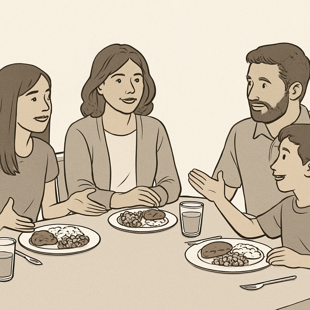 A family sitting together at the dinner table, sharing stories and discussing their day, symbolizing open communication and involvement. Family sharing a meal and having open communication to support adolescent growth.