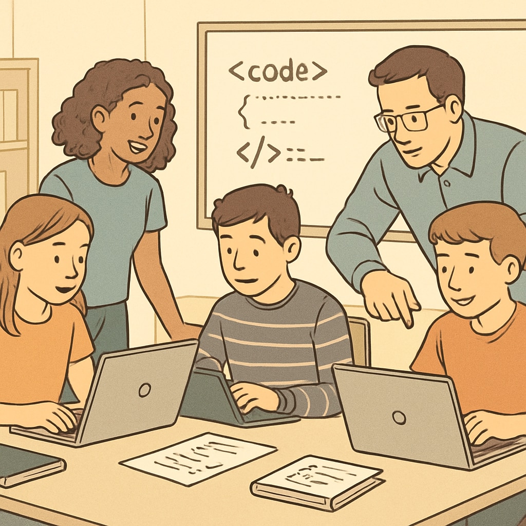 Students participating in a hands-on coding workshop, engaging with peers and mentors. College students learning IT skills during a coding workshop.