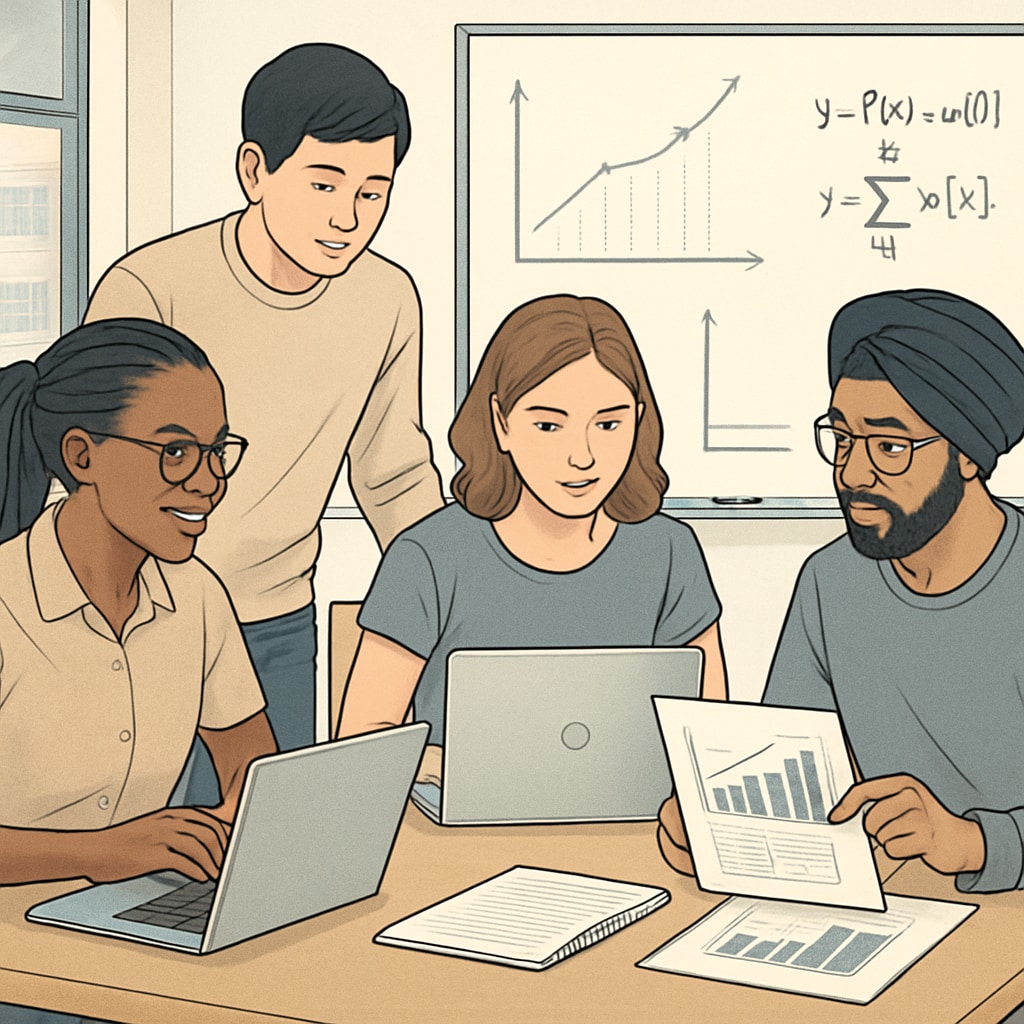 A group of international students collaborating on a data science project in a university classroom. International students discussing a data science assignment in a university setting.