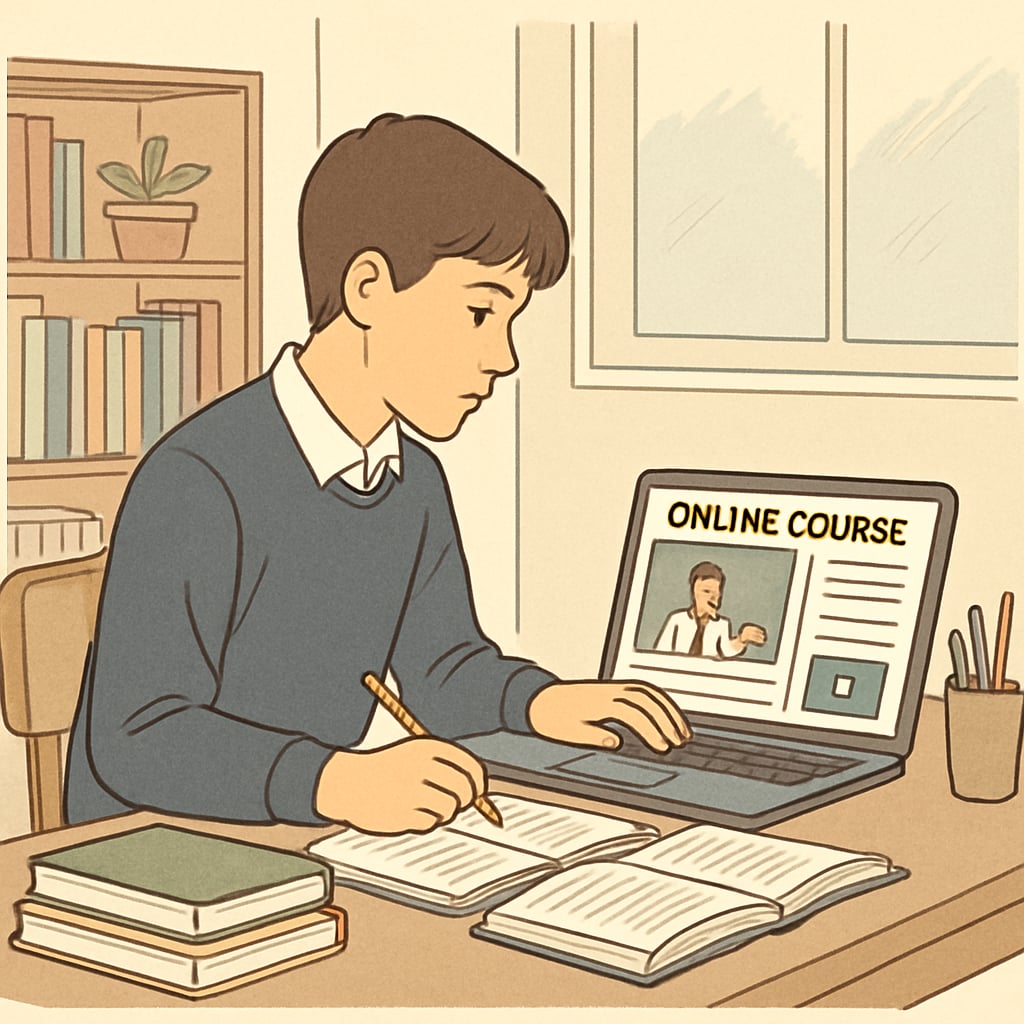 A high school student using a laptop, studying an online course in a quiet room. High school student studying online education resources.