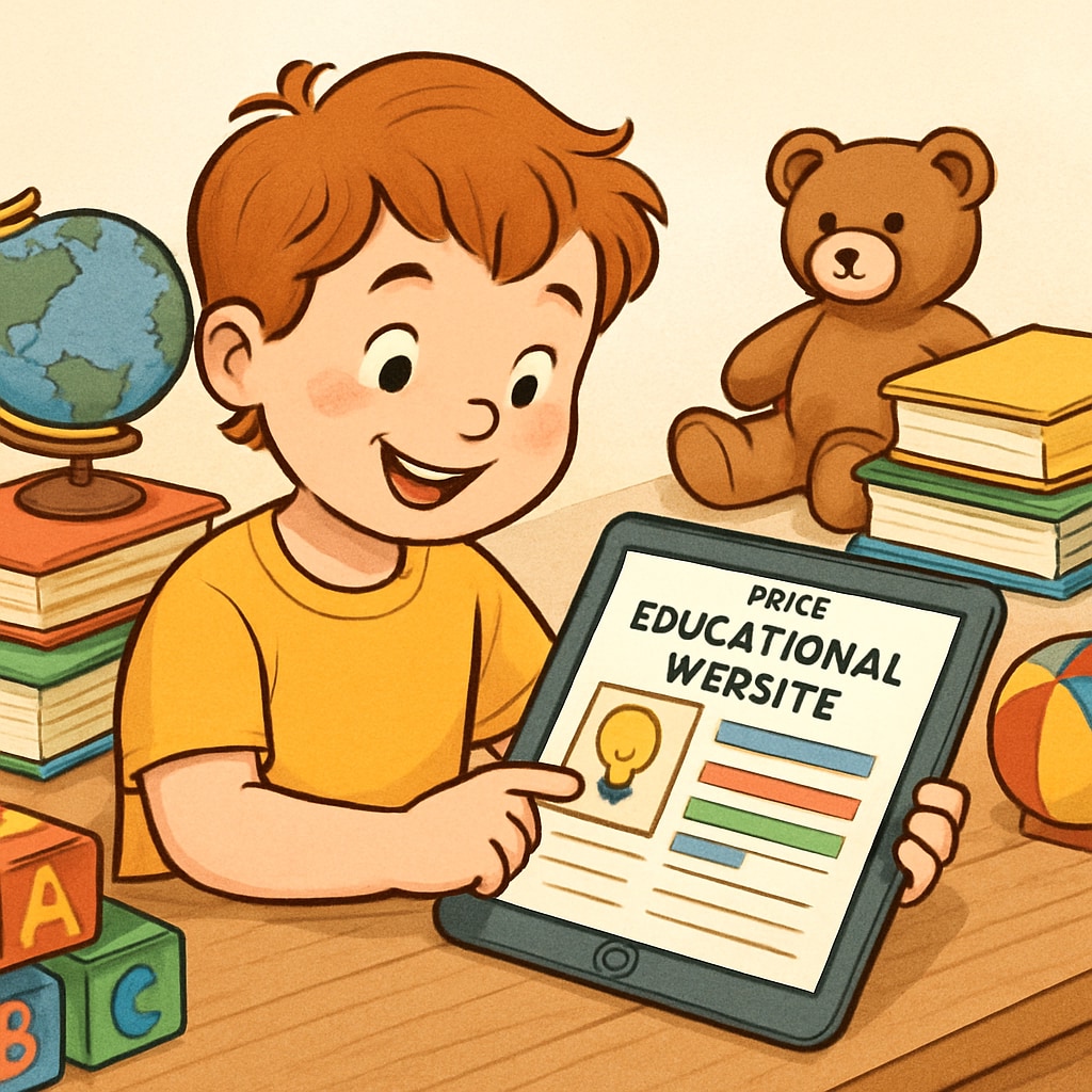 A child happily using a tablet to access a free educational website, surrounded by colorful books and toys. Child using a tablet for early education and summer learning.