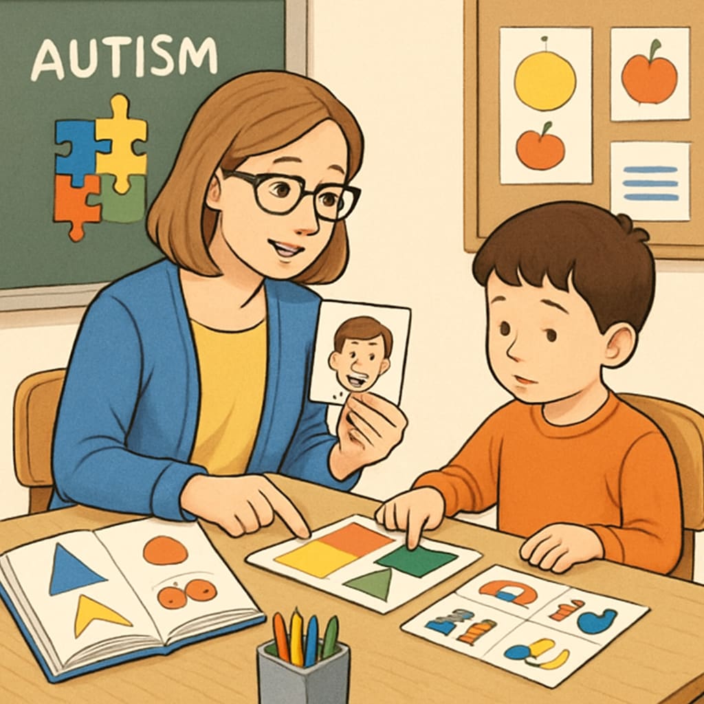 A teacher assistant using visual aids to help a child with autism learn in a classroom setting. Teacher assistant helping a child with autism using visual aids in special education.