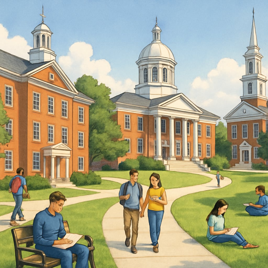 A picturesque view of a prestigious US university campus, with students walking and studying. A US university campus filled with students, representing international education opportunities.