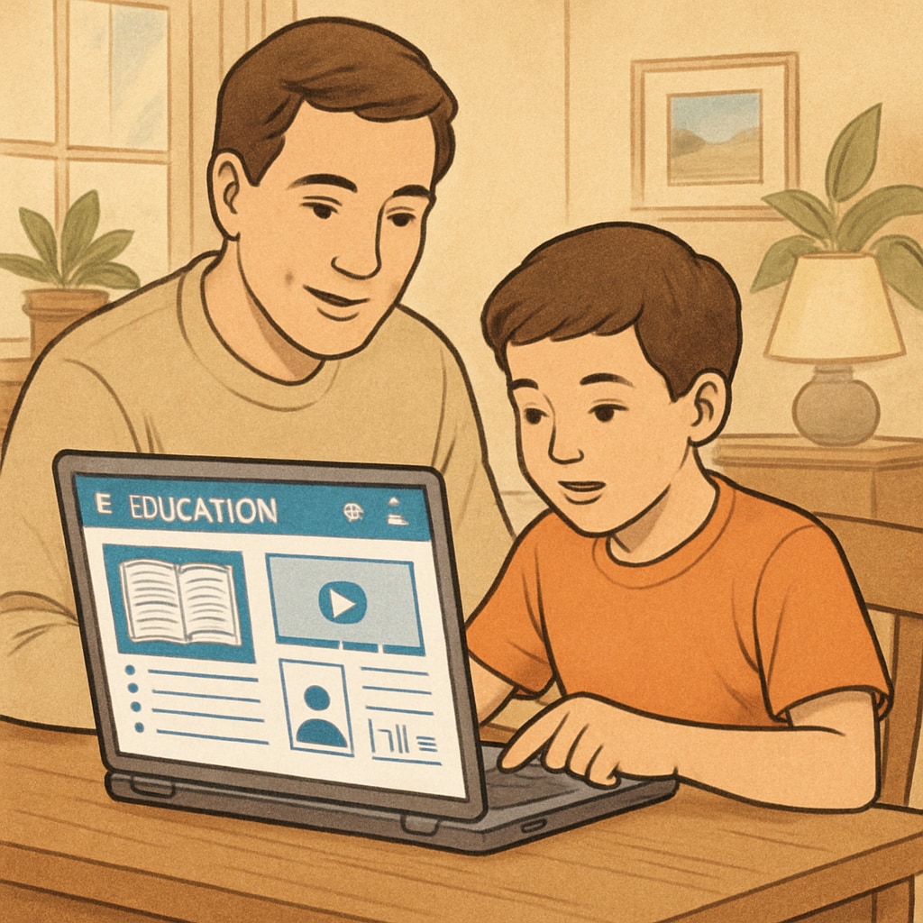A parent and child working together on an educational website displayed on a laptop, with a cozy home setting in the background. Parent and child exploring free educational websites for summer learning.