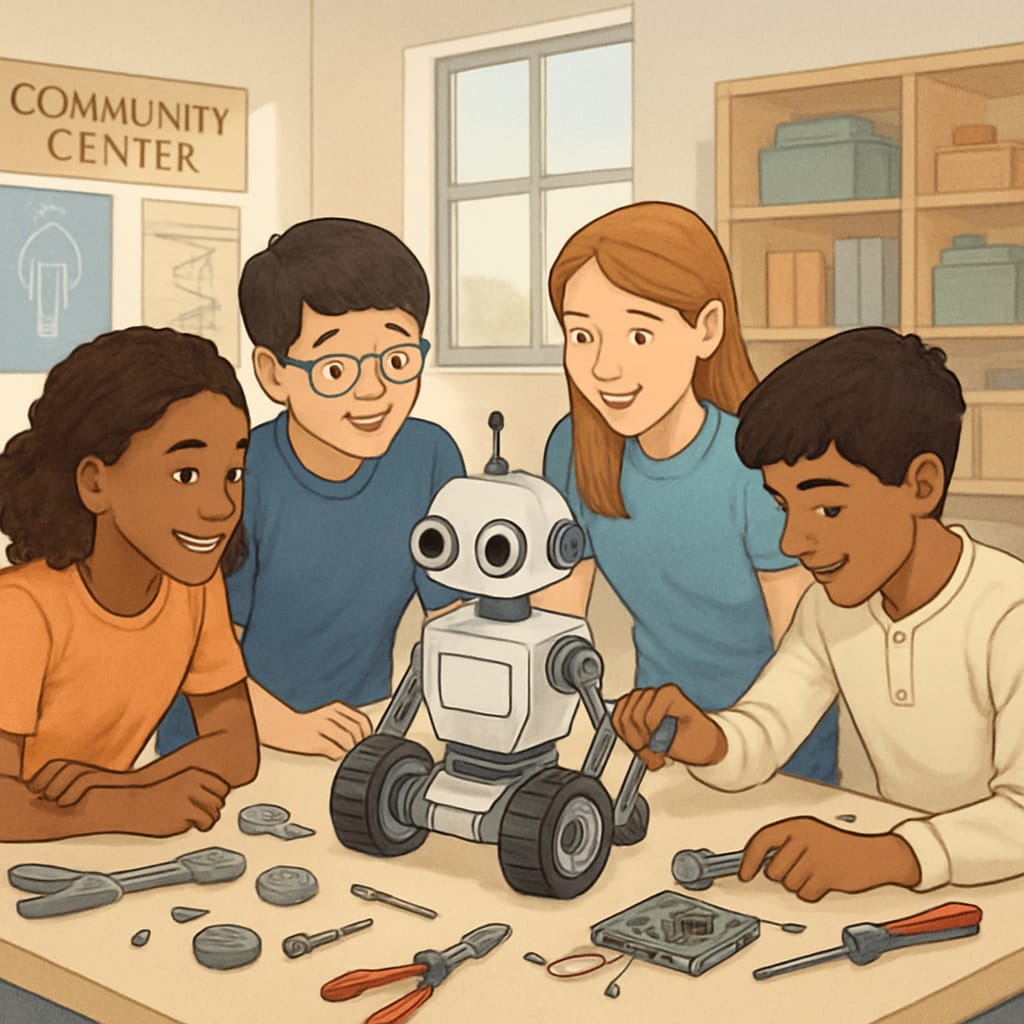 A group of students collaborating on a robotics project in a community center. High school students engaging in a robotics community workshop.