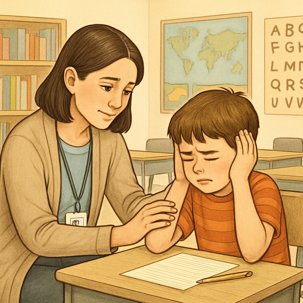 A teacher assistant calming a child with autism during a challenging moment in a classroom. Teacher assistant managing an emotional moment with a child with autism in a special education environment.