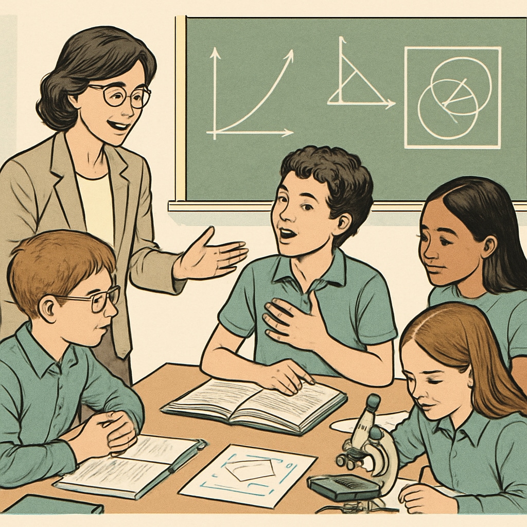 A classroom setting where a teacher is working with a group of gifted students to explore advanced learning concepts. A teacher guiding gifted students in advanced learning concepts.