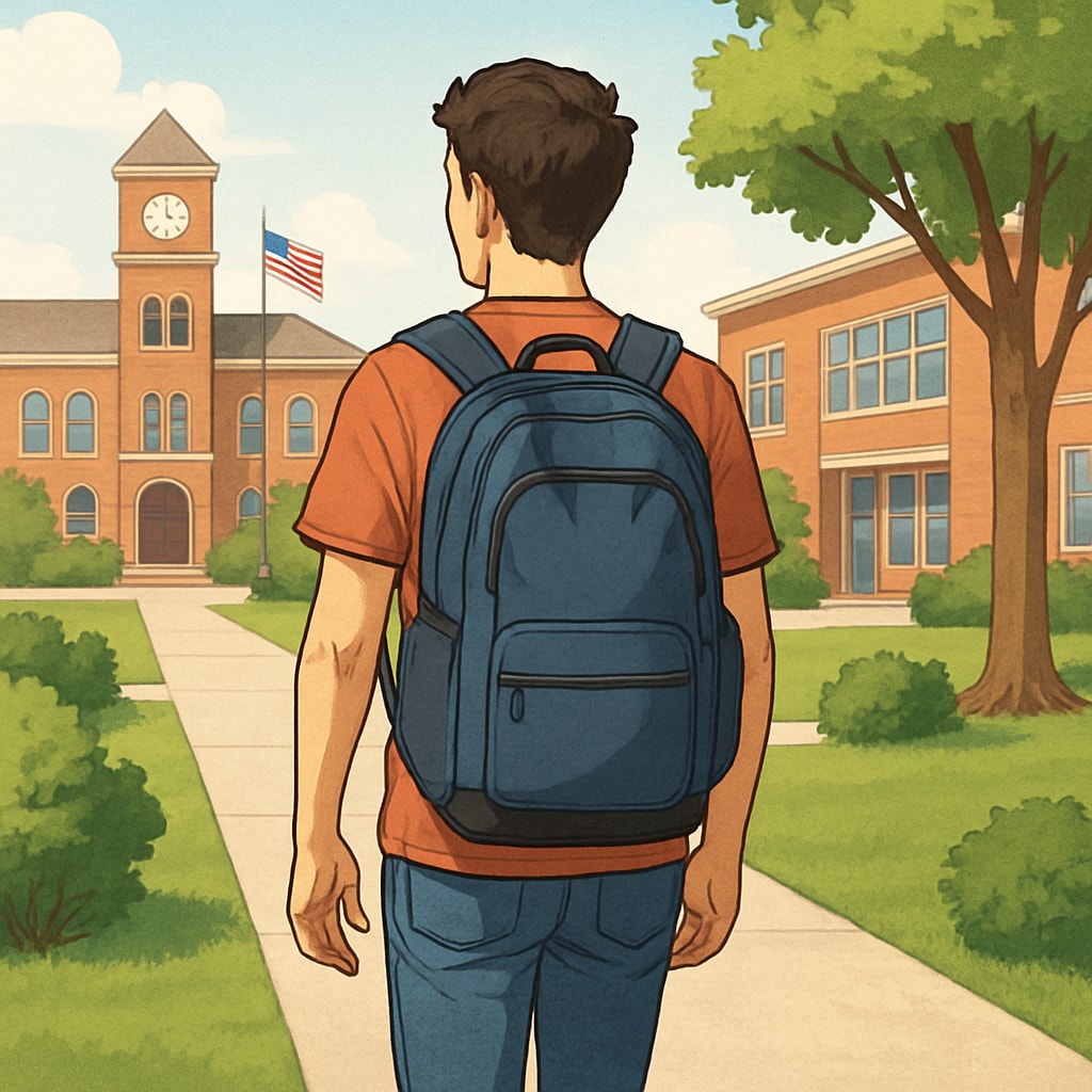 A student wearing a durable college backpack while walking through a campus. A college student walking with a practical and affordable backpack.