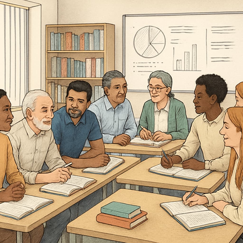 Adult learners in a UK classroom collaborating to resume their education after interruptions.