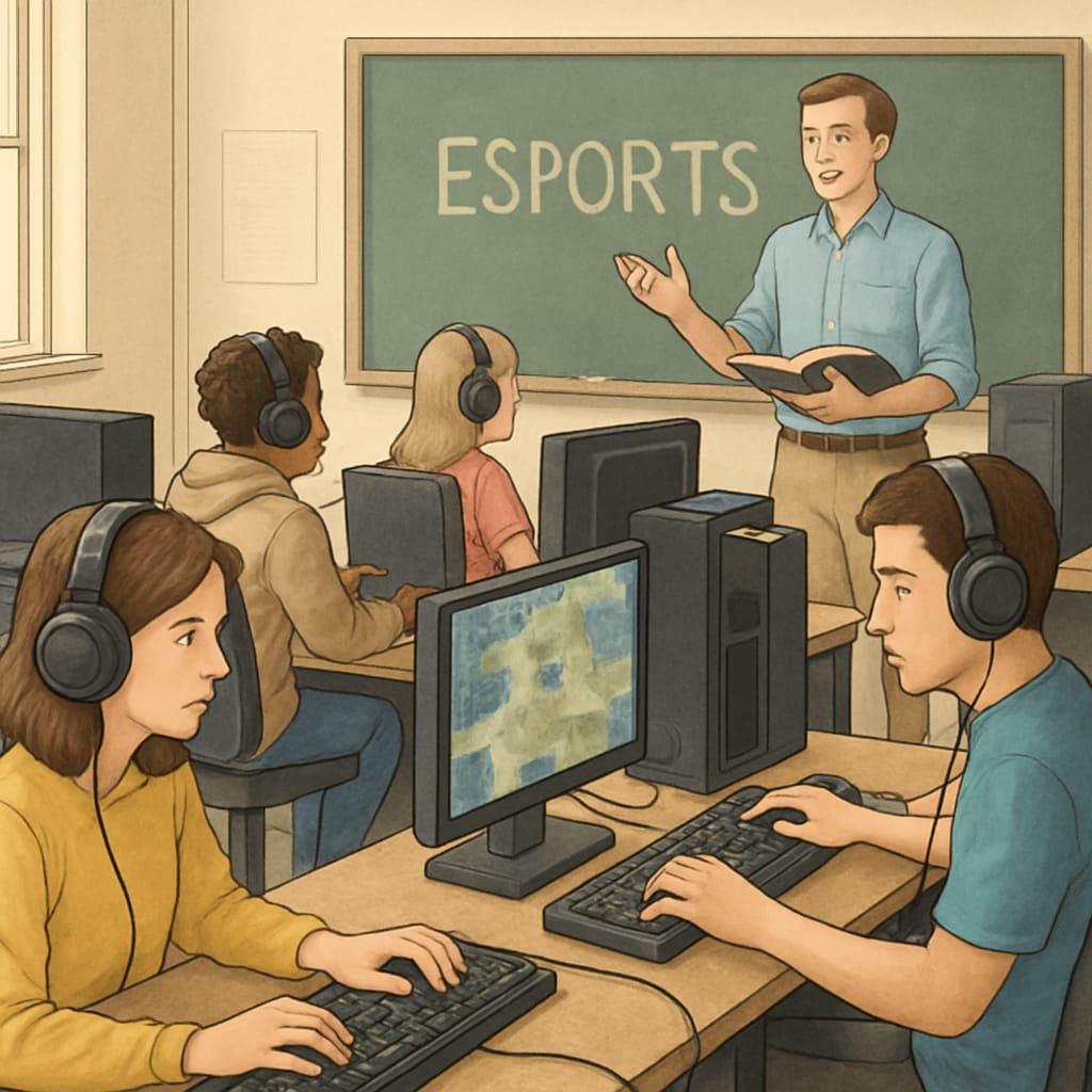 Students in a classroom setting learning through esports, with computers and gaming setups visible. Students learning with esports setups in a classroom environment.