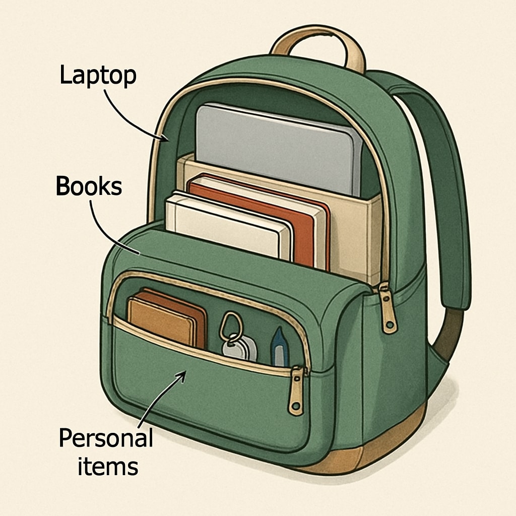 A close-up of an organized backpack showing compartments for a laptop, books, and personal items. An affordable college backpack with spacious compartments and a laptop sleeve.