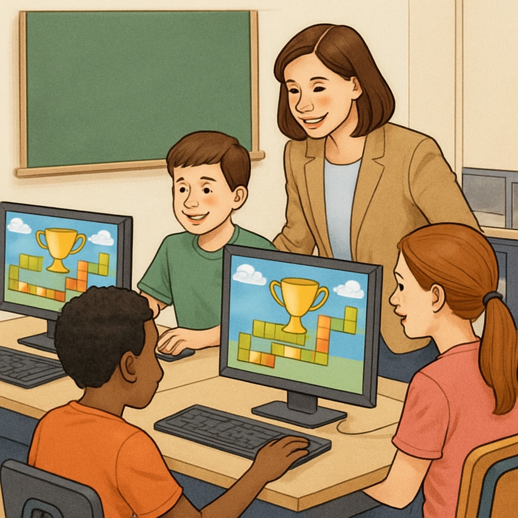 A teacher guiding students as they participate in a gamified learning activity on computers. Teacher and students engaging in a gamified learning activity with computers.
