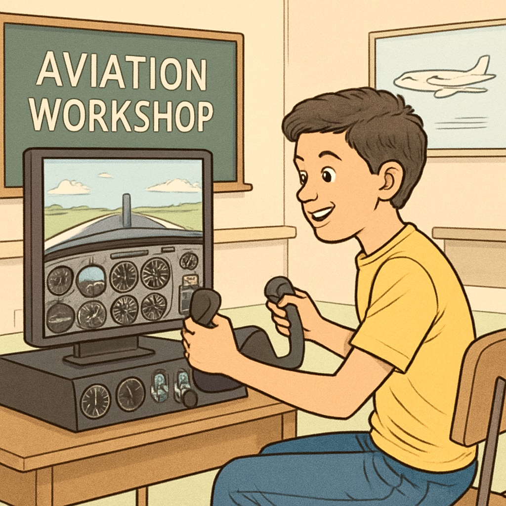 A young student enthusiastically operating a flight simulator during an aviation workshop. The image showcases the joy and curiosity of learning about aviation. Student operating flight simulator during aviation workshop.