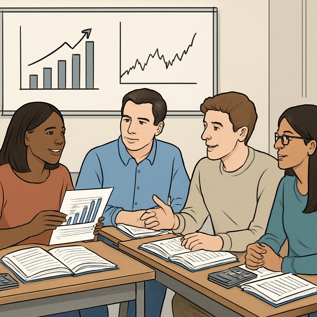 A group of diverse finance students in a classroom setting, discussing financial charts and learning tools. Finance students discussing charts and learning tools in a classroom.