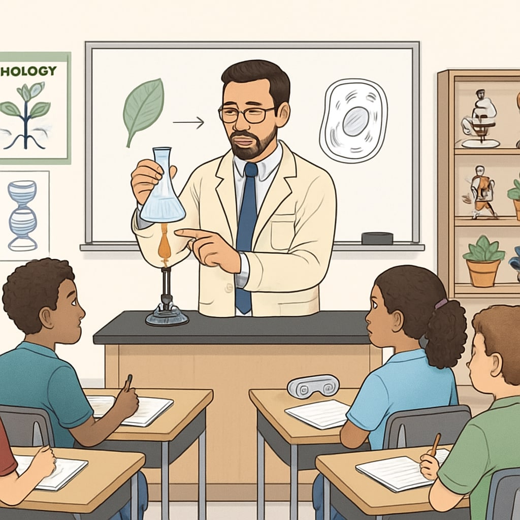 Biology teacher conducting an experiment in class, illustrating STEM education.