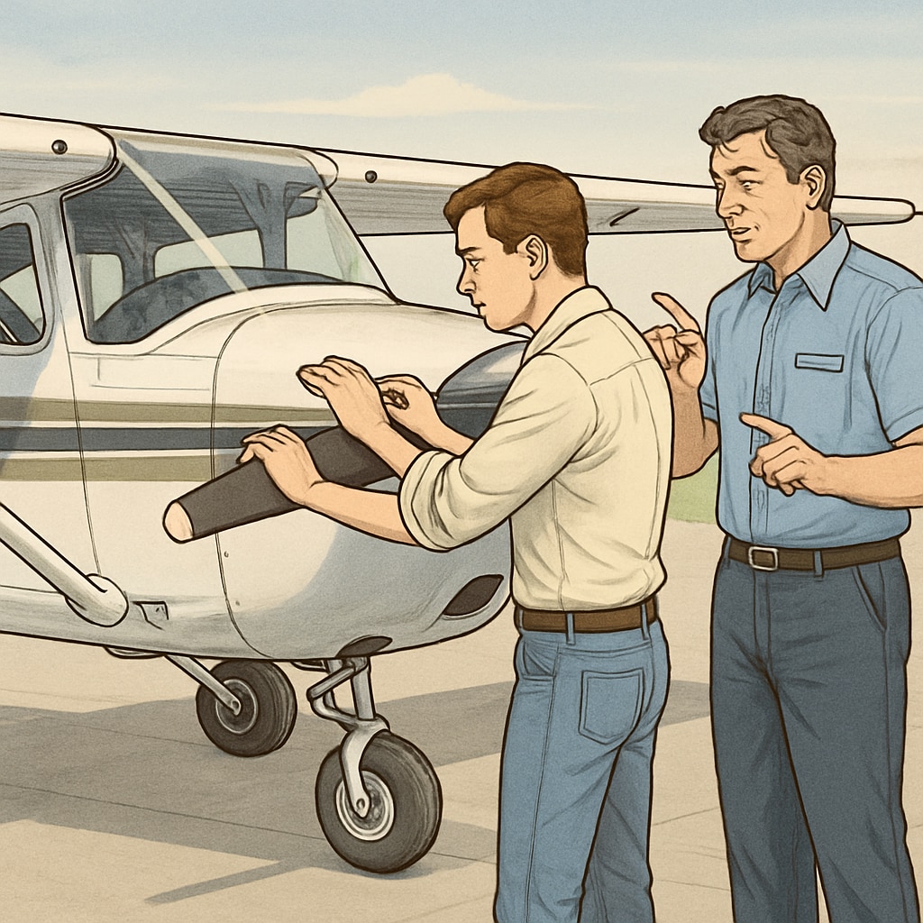 A certified flight instructor guiding a student pilot during a pre-flight inspection of a small aircraft. The image highlights hands-on training in aviation. Flight instructor guiding student during pre-flight inspection.