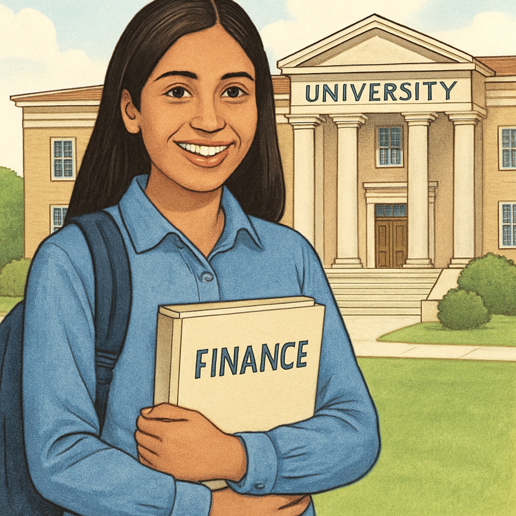 An international student standing in front of a university building, smiling while holding a finance textbook. International finance student holding a textbook in front of a university.