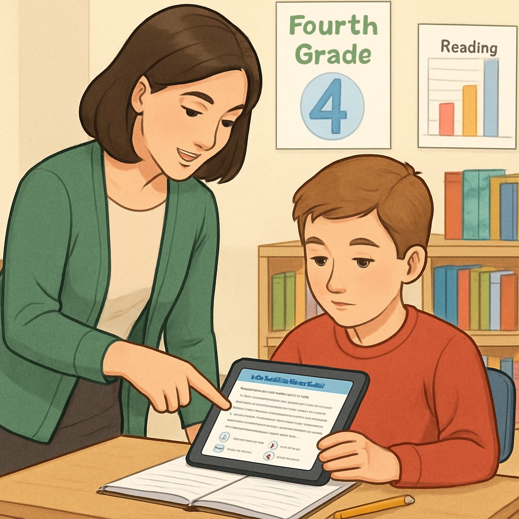 A teacher assisting a fourth-grade student with a reading comprehension exercise on a tablet in a classroom. Teacher helping a fourth-grade student with a reading comprehension test tool.