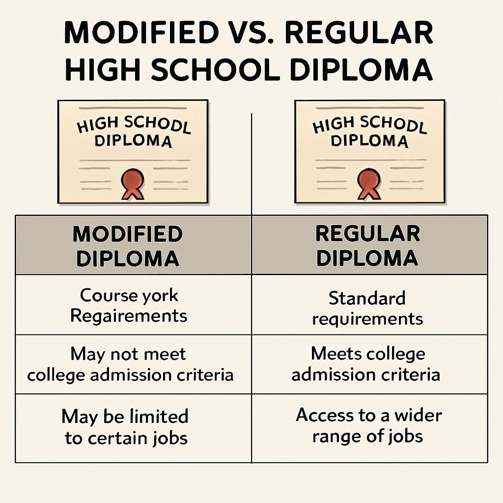 A comparison table visually displaying the differences between modified and regular high school diplomas, including coursework requirements, eligibility for college, and career prospects. A table comparing modified diplomas and regular diplomas.