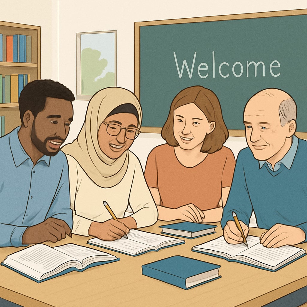 A diverse group of adults studying together in a welcoming environment, symbolizing collaborative learning. Adults studying together, representing self-learning and basic education improvement.