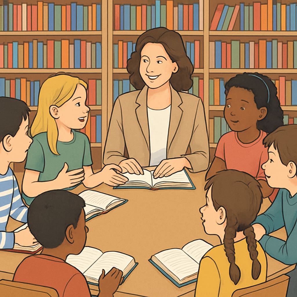 Children gathered in a library, enthusiastically participating in a book club discussion led by a teacher. Students in a library engaging in a book club activity to inspire reading interest.