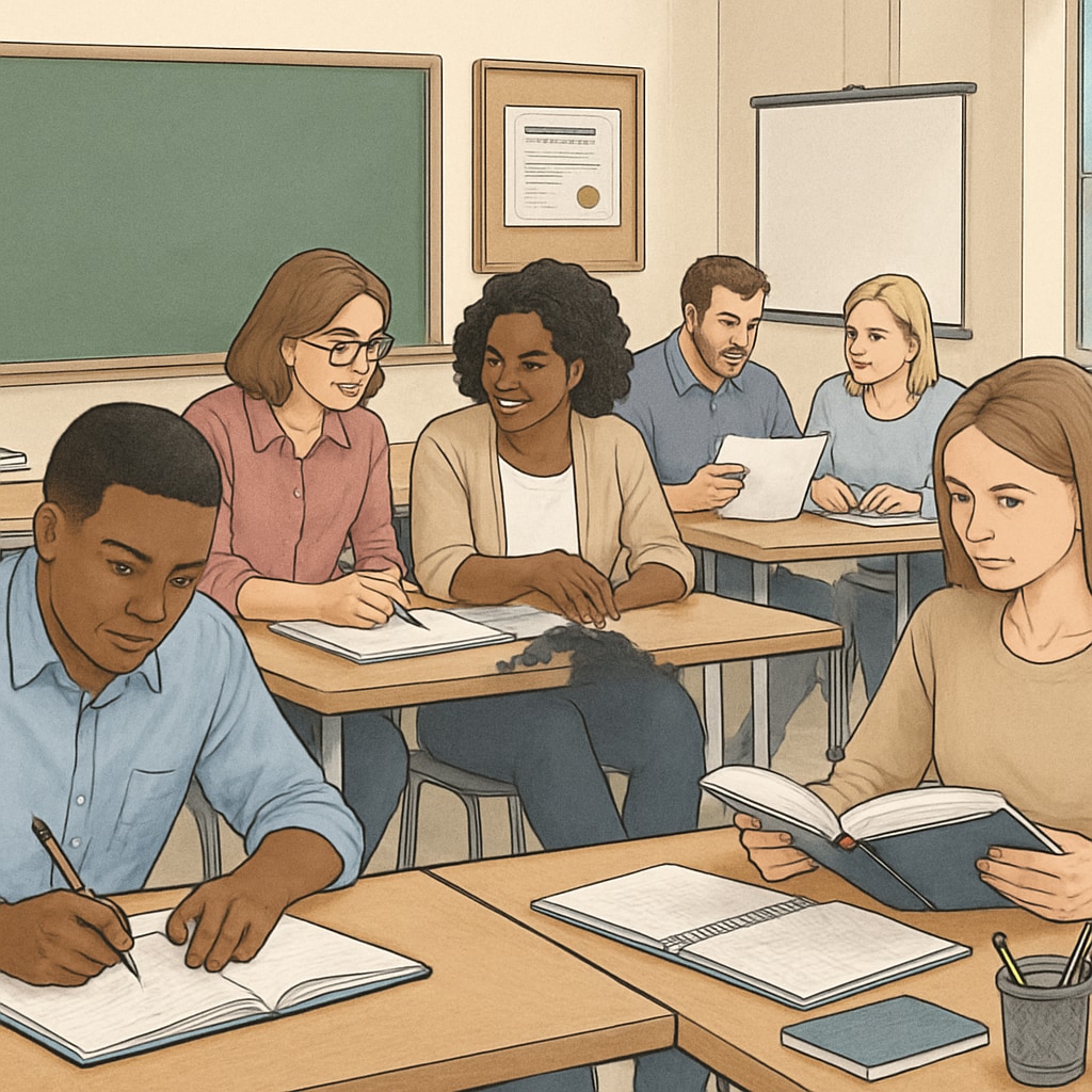 A classroom environment with adult learners engaged in coursework aimed at earning academic certifications or diplomas. Adult learners studying in a classroom to improve their academic qualifications.