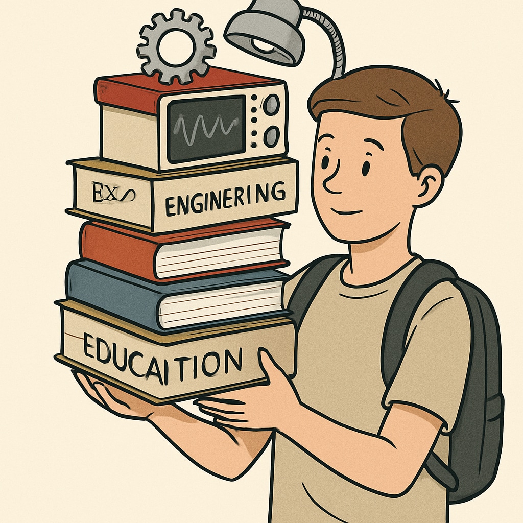 Dual degrees in education and engineering represented by a student with books and tools.