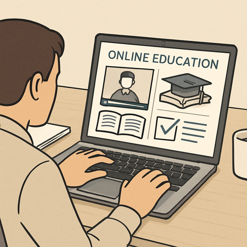A close-up of an adult using a laptop to access online educational resources, depicting the accessibility of modern learning tools. Adult using a laptop for online education, showcasing digital learning resources.