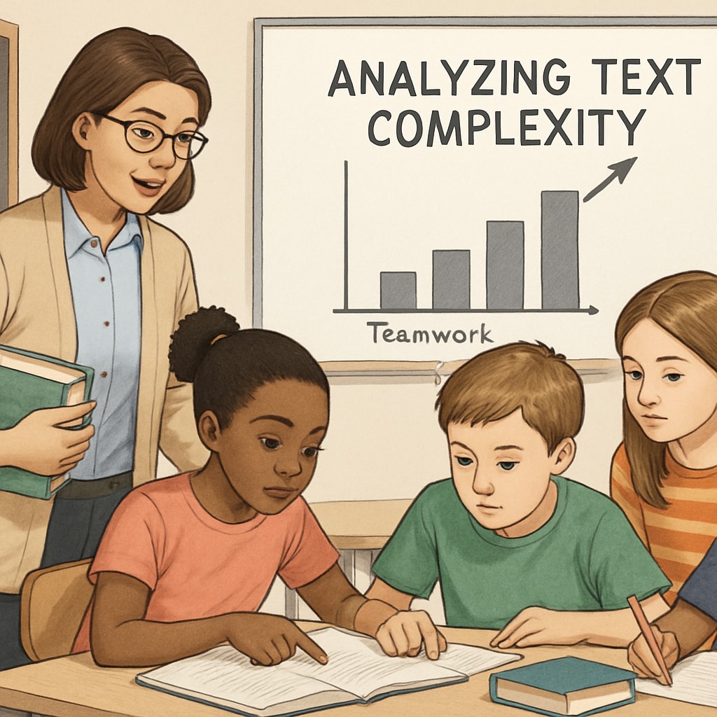 A teacher guiding students as they analyze text complexity in a K12 classroom. The image showcases the collaborative effort to improve literacy skills. A teacher helping students understand reading comprehension and text complexity.