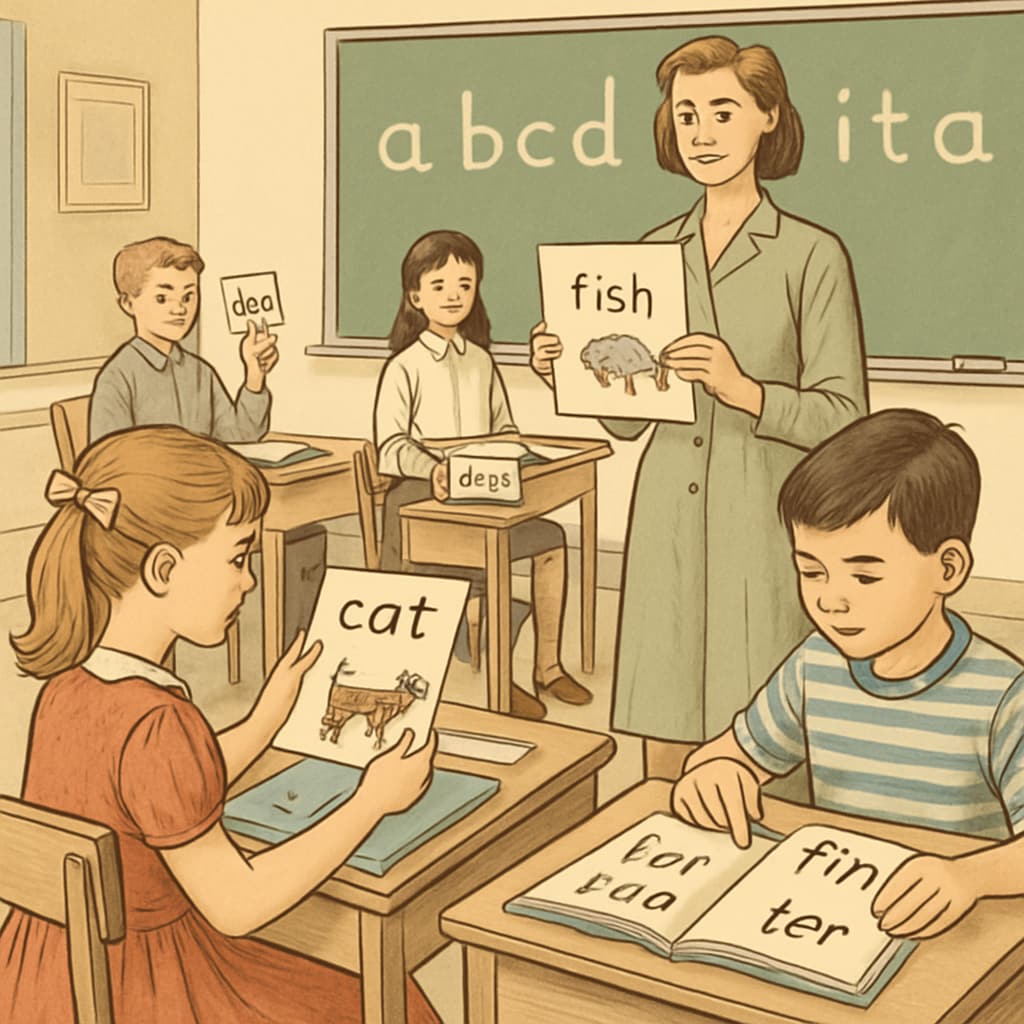 Classroom teaching ITA materials, highlighting Initial Teaching Alphabet, spelling disabilities, and 70s education methods.