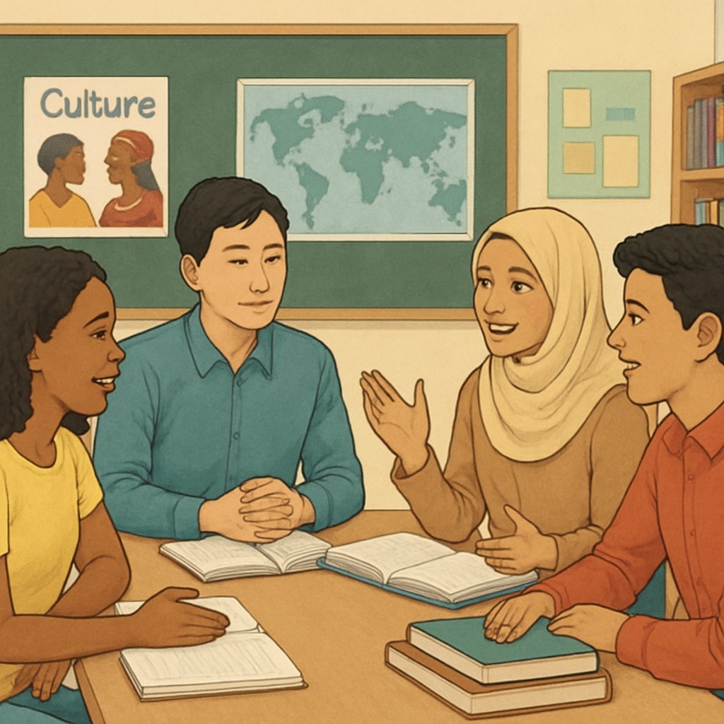 Diverse students discussing cultural topics in a classroom, highlighting diversity curriculum.