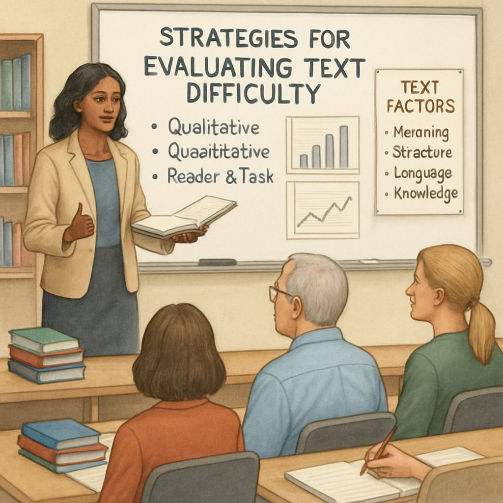 A teacher-focused workshop discussing strategies for evaluating text difficulty, illustrating professional development in education. A teacher workshop on evaluating reading materials for text complexity.