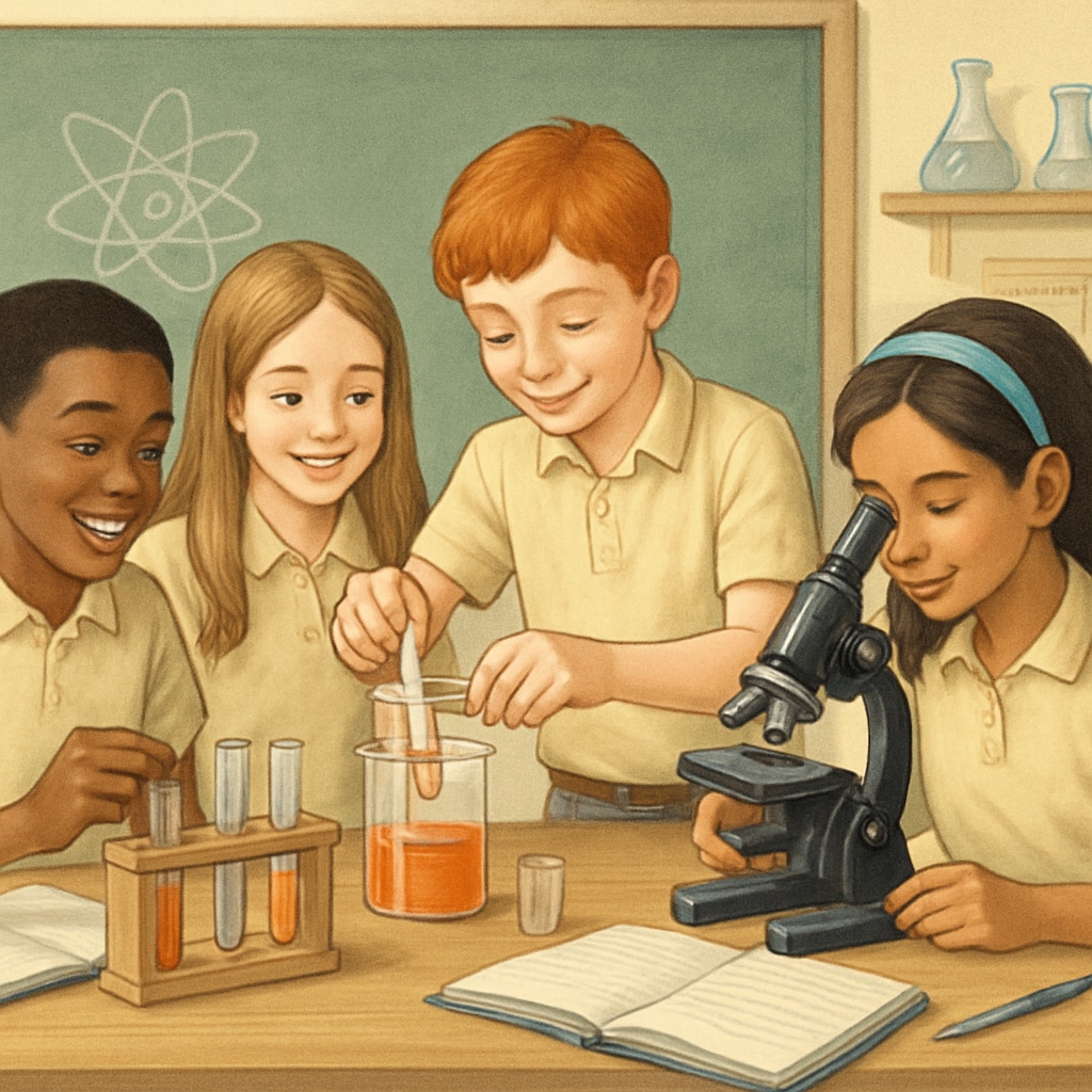 7th-grade students engaging in a science experiment as part of interest-based learning.