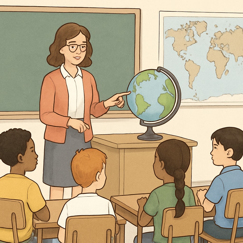 Teacher with students discussing global topics, representing inclusive education.